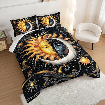 Sun and Moon Bedding Set King Size,Yellow Galaxy Celestial Bedding for Kids Boys Girls Teens Room Boho Decor,Black and Yellow Fluffy Comforter Sets with 2 Pillowcases.