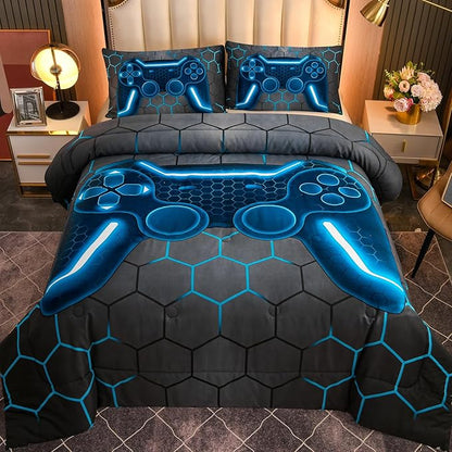 NTBED Game Console Comforter Set for Boys Girls Kids 3D Gaming Geometric Lightweight Microfiber Bedding Sets (Blue, King)