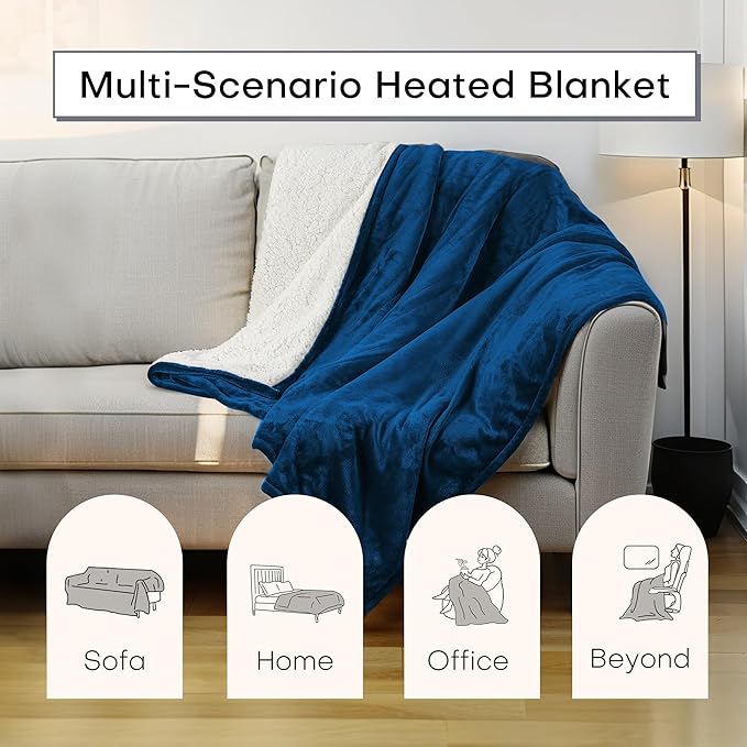 Heated Electric Blanket Throw Size 50"x60" Thickened Flannel and Sherpa Heated Blanket,3 Hours Timer Auto-Off & 5 Heating Levels,for Bedroom Office Couch-DarkBlue