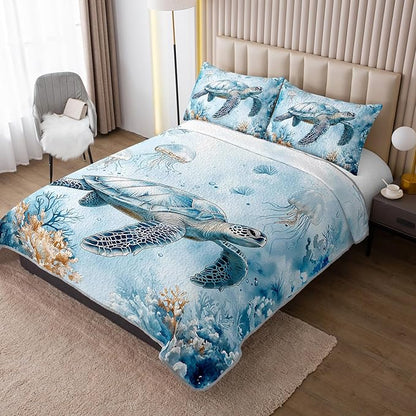 Coastal Bedding Quilt Sets Twin Size,Summer Blue Sea Turtles Jellyfish Nautical Bedding Quilt with 2 Pillowcases,Beach Themed Soft Lightweight Quilted Set.