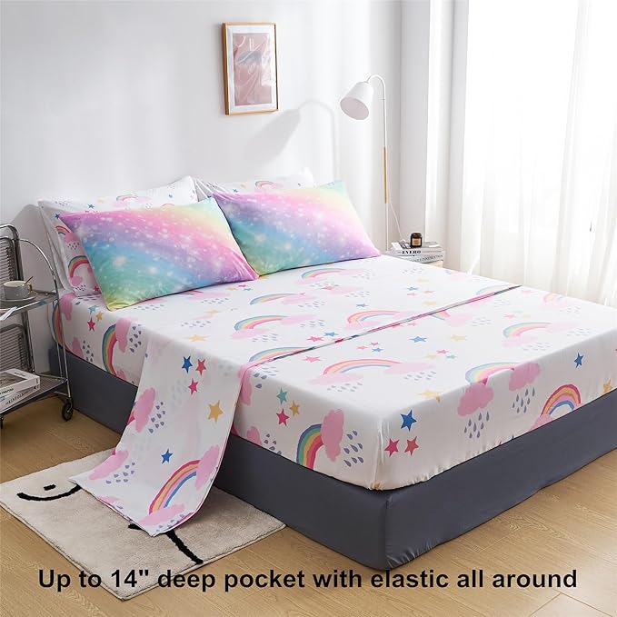 Rainbow Girls Twin Comforter Set with Sheets, 5 Pieces Twin Bed in a Bag with Comforter, Sheets and Pillowcases, Soft Microfiber Pastel Glitter Fun Girls Twin Bedding Set for Kids Teens