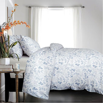 Jane yre Flower Queen Duvet Cover Brushed Microfiber 3 Pieces Floral Bedding Set Queen Garden Style Blue Floral Pattern Flower Queen Duvet Cover with Zipper Closure Luxury Soft Breathable Comfy