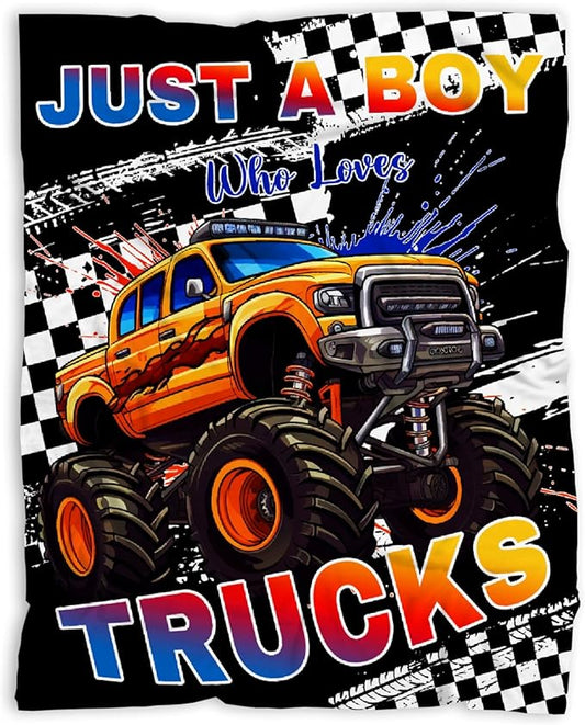 Trucks Blanket, Just A Boy Who Loves Trucks Gifts for Kids, Car Themed Flannel Blankets, Soft Cozy Lightweight Throws Gifts for Truck Lovers & Boys 40 x 30 Inch for Baby