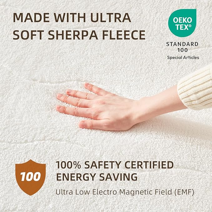 Bwarm Multizone Heated Mattress Pad Queen, Electric Mattress Pad Sherpa Fleece Bed Warmer with 9 Heat Settings, 1-12 Hours Auto Off Deep Pocket, Machine Washable, Wave White Queen 60" x 80"