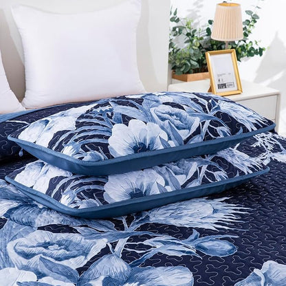 Floral Quilt Set King 3 Pieces Navy Blue Floral Quilt Coverlet Set Soft Microfiber Lightweight Navy Blue Quilted Bedspread for All Season 104"x90"