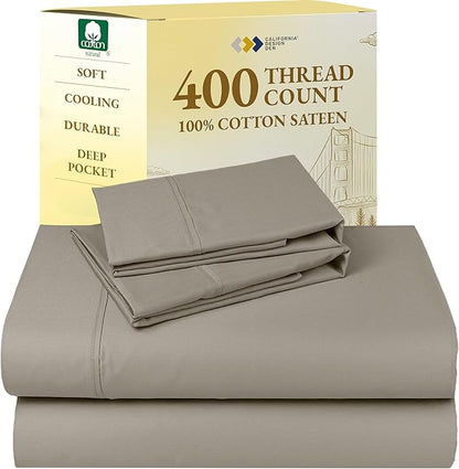 California Design Den King Bed Sheets Set - Soft 400 Thread Count Sateen, Natural 100% Cotton Sheets, Durable & Breathable Bedding with Deep Pockets - Taupe