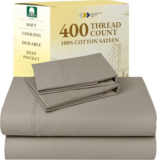 California Design Den King Bed Sheets Set - Soft 400 Thread Count Sateen, Natural 100% Cotton Sheets, Durable & Breathable Bedding with Deep Pockets - Taupe
