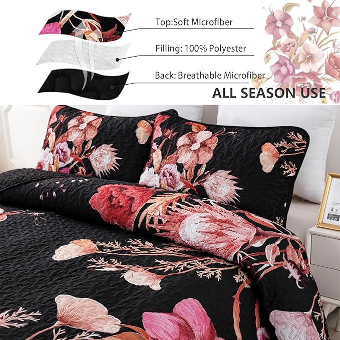 Floral Quilt Set King 3 Pieces Red Floral Quilt Coverlet Set Soft Microfiber Lightweight Black Quilted Bedspread for All Season 104"x90"