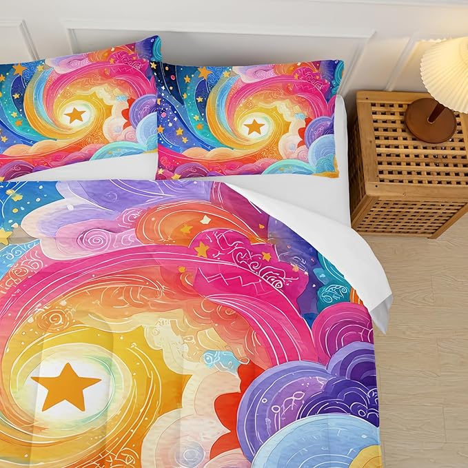 Rainbow Clouds Full Comforter Set for Girls，Star Bedding Full Rainbow Kids