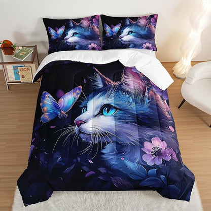 Kids Cat Comforter Set Twin Size,Fantasy Cats Butterfly Flowers Bedding Set for Kids Girls Kawaii Room Decor,Cute Little Animal Themed Toddler Bedding Set with 2 Pillowcases.