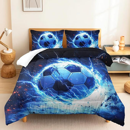 Soccer Print Comforter 3Pcs Queen Ball Sport Football Bedding Set for Kid Teen Girl Boy Adult Sports Games Soccer Blue Lightning Thunderstorm Quilt Room Decor with 1 Comforter and 2 Pillowcases