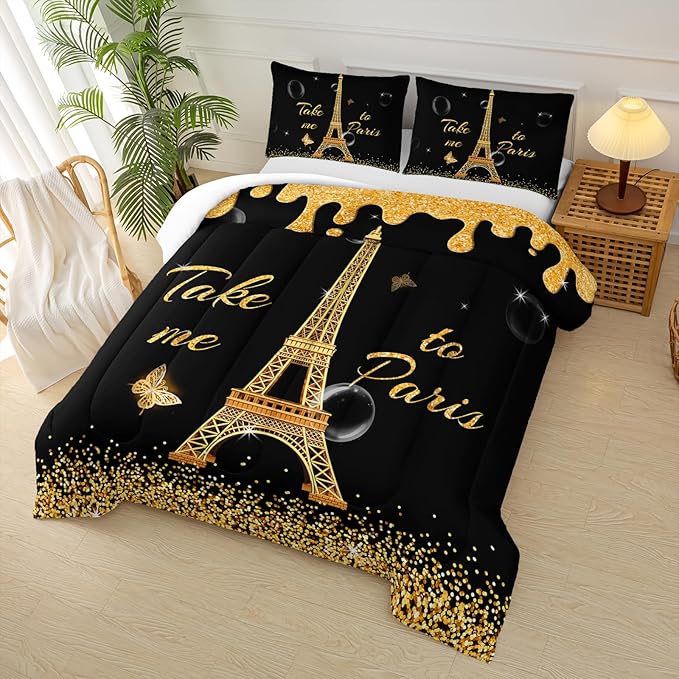 Black Gold Paris Eiffel Tower Comforter Set,Romantic Paris Twin Comforter Set for Women Couple,Girls Butterfly Eiffel Tower Print Bedding Set,Modern French Paris Quilt Set