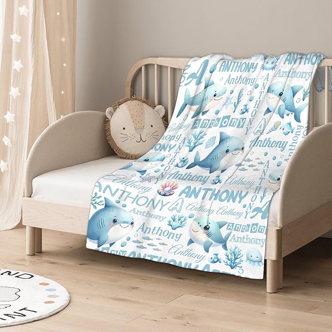 Personalized Custom Baby Blanket with Name - Shark Ocean Theme Swaddle Blanket for Toddlers, Infants, Kids, Newborns - Nursery Stroller Crib Decor Throw Birthday Gift
