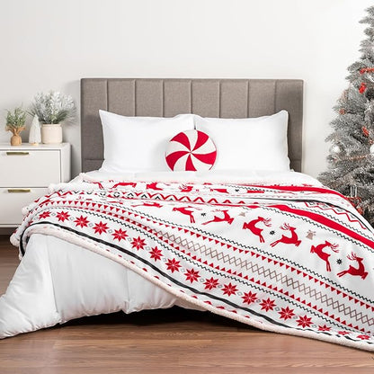 PAVILIA Red White Snowflake Reindeer Christmas Sherpa Throw Blanket, Soft Reversible Fleece Sherpa 50x60 Winter Blanket for Couch & Bed, Christmas Decor