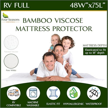 Four Seasons Essentials RV Short Full Size Waterproof Mattress Protector - Cooling Viscose derived from Bamboo Fitted Sheet Mattress Cover - Quilted Jacquard Pad Protects from Dust Allergens