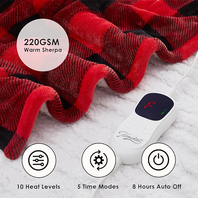 HomeMate Electric Blanket Heated Full Size - 72“x84“ Ultra Soft Cozy Flannel Heating Blanket with 10 Fast Heat Levels 8 Hours Auto Off Over-Heated Protection ETL Certification Keep Warm in Home Office