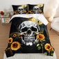 Skull Comforter Set for Gothic Decor Bedroom,Sunflower Floral Bat Print Bedding Queen Size Comforter Set for Kids Boys Girls,Dark Night Halloween Horror Bedding Set with 2 Pillowcases.