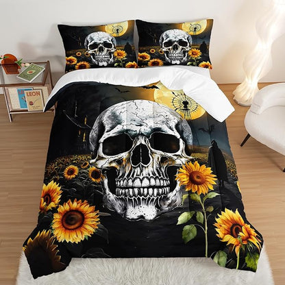 Skull Comforter Set for Gothic Decor Bedroom,Sunflower Floral Bat Print Bedding Twin Size Comforter Set for Kids Boys Girls,Dark Night Halloween Horror Bedding Set with 2 Pillowcases.