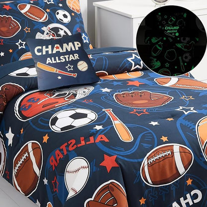 Kids Comforter Set Twin Size for Boys, Glow in The Dark Ball Games Bedding Set 1 Comforter, 1 Decor Pillow, 1 Pillow Shams