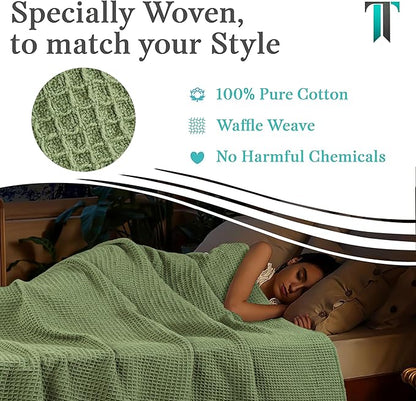 Tex Trend Waffle Blanket – 100% Cotton Blankets Queen Size – Breathable and Soft for Christmas – Suitable for Bed Layering, Sofa & Couch - Sage Green (90”x90”)