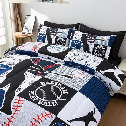 A Nice Night Sports Geometric Grid Black Patchwork Baseball Printed for Boys Queen 6Pcs Bed in A Bag Comforter Bedding Set,Blue