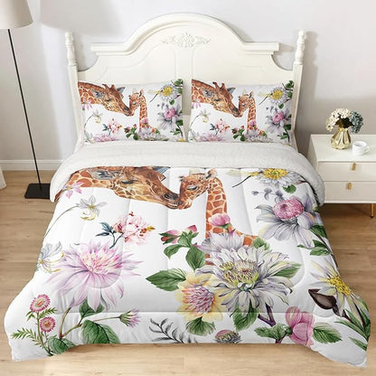 QOOMO Cartoon Giraffe Sherpa Plush Comforter Set, Twin Size 3 Pieces Animals Bedding Sets, Ultra Soft Cozy Fleece Bedding Set,Cute Bed Sets for All Seasons with 1 Comforter 2 Pillowcases