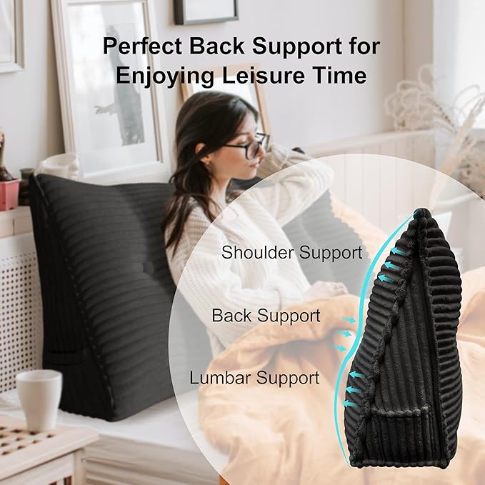 Wedge Headboard Pillow Dorm Room Reading Pillow Back Support for Sitting Up in Bed Bolster Lumbar Cushion Body Positioning Bedrest Corduroy (Black, Twin (39 * 8 * 20in))