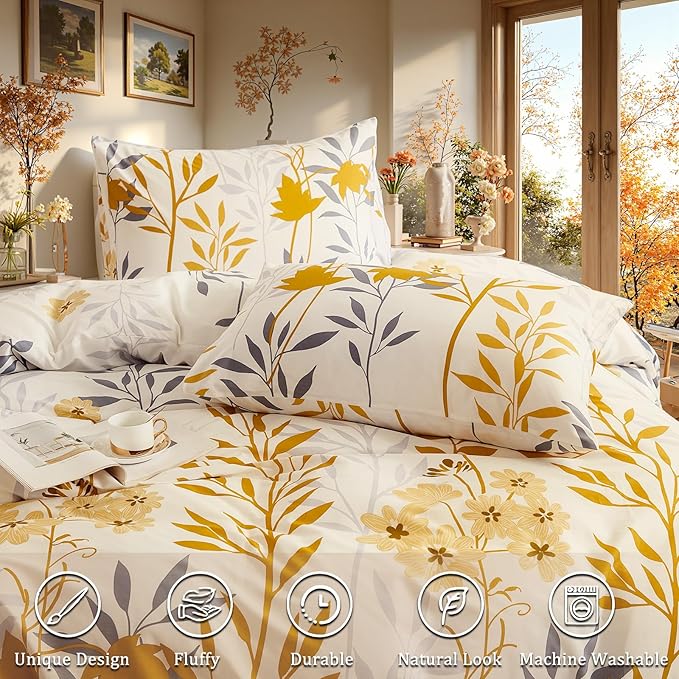 100% Cotton Duvet Cover Set King Size, Yellow Floral Bedding Set 3 Pcs Reversible Lightweight Comforter Cover for All Season(King, Yellow Botanical)