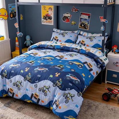 Holawakaka Trucks Tractors Cars Boys 5-Piece Bedding Comforter Sheet Set,Twin Size Cartoon Construction Car Excavator Print Kids Bed in A Bag, Excavator Mixer Truck Printed Bed Sets(Light Blue Twin)
