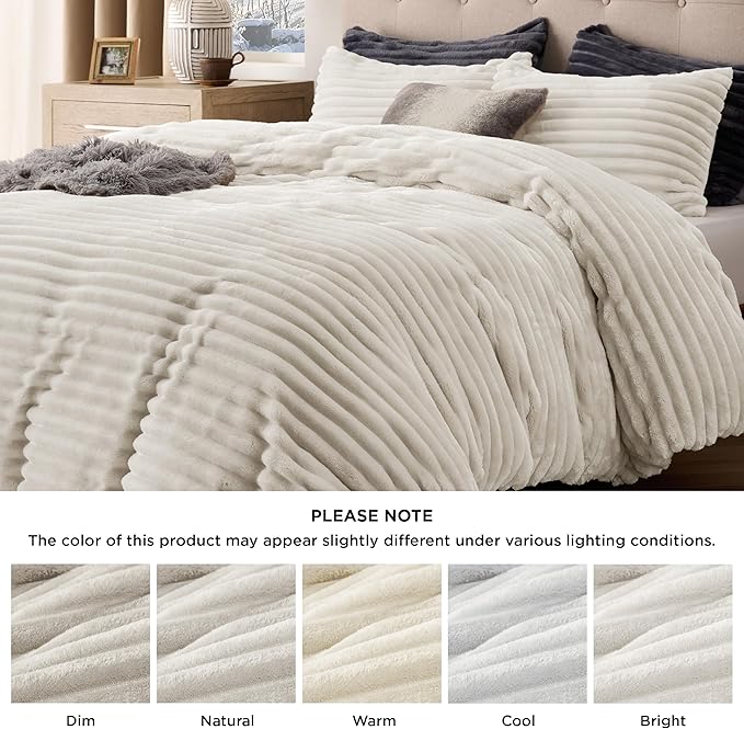 Bedsure Fluffy Duvet Cover Set - Ultra Soft Plush Shaggy Comforter Cover Queen Size, Warm Flannel Fleece Bed Sets for Winter, 3 Pieces (Striped Pattern, Linen)