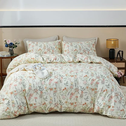 100% Cotton Duvet Cover Queen Size – Vintage Botanical Floral Duvet Cover Set with Zipper Closure, 3-Piece Soft Breathable Natural Premium Cotton Bedding Set for All Seasons