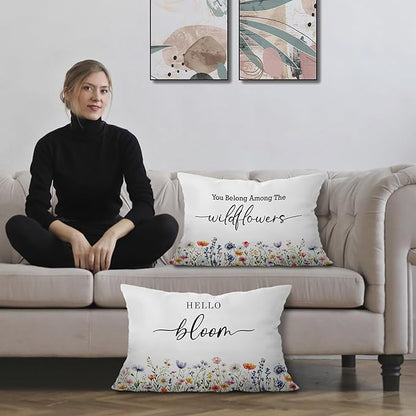 Inspirational Spring Wildflower Pillow Covers 12x20 Set of 2, Hello Bloom Floral Decorative Lumbar Pillow Covers for Baby Girls Nursery Room Bedroom Dorm