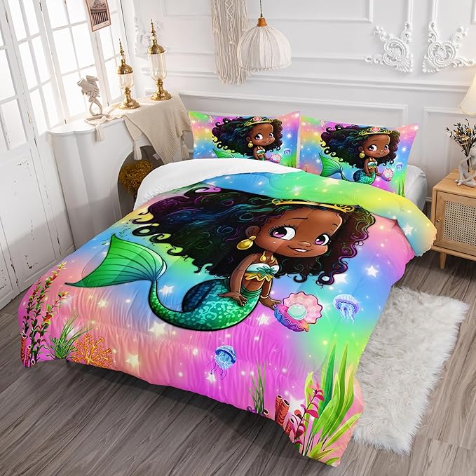 Mermaid Queen Size Bedding Set for Kids Girls, Cute Black Girl Mermaid Ocean Life Pattern Comforter Set, Rainbow Bed with 1 Quilt and 2 Pillowcases