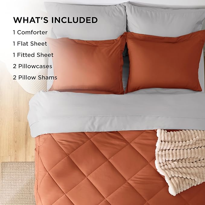 Bedsure King Size Comforter Set - 7 Pieces Reversible Burnt Orange Bedding, King Size Bed Set for All Seasons, Bed in a Bag with Down Alternative Comforter, Sheets, Pillowcases & Shams