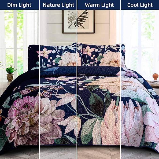 Drucon Floral Quilt Queen Size - 3 Pieces Navy Blue Quilt Botanical Bedspread Soft Lightweight Flower Bedding Set for All Season (96"x90")