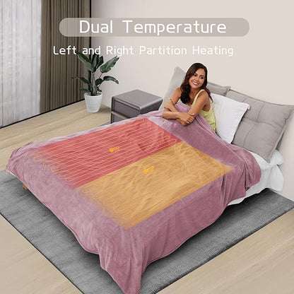 Electric Heated Blanket 90"x100" King Size, Soft Coral Fleece, Dual Controllers with 4 Heating Levels and 10 Hours Auto-Off, Machine Washable, Cozy Plush Fabric for Home, Purple