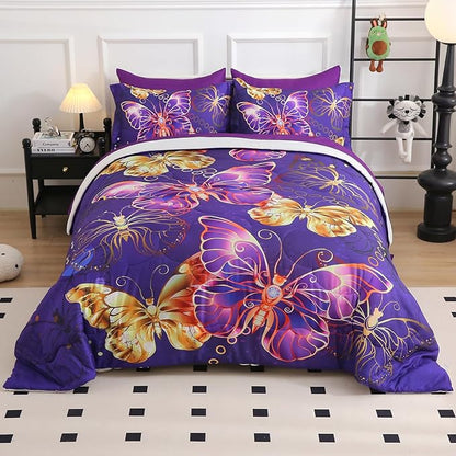 7 Piece Butterflies Comforter Set Queen Size 3D Gold Violet Butterflies Bedding Set for Kids Girls Women for Birthday Christmas Gift