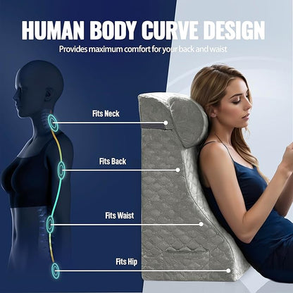 Daneey Reading Pillows for Sitting in Bed Adult Back Pillow for Bed Sitting Up, Back Support Pillow for Bed with Adjustable Roller, Foam Wedge Pillow for Neck, Lumbar, Back, Gray, 20 * 12 * 26IN