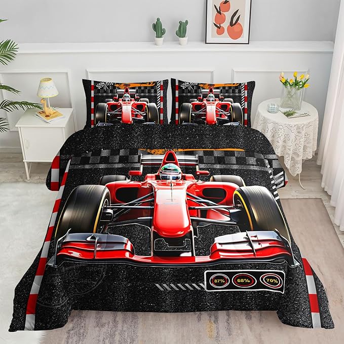3D Racing Comforter Set Red Kart Printed Bedding Set with 1 Comforter and 2 Pillowcases for Boys and Girls Bedroom All Season(Kart Full)