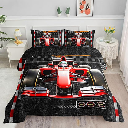 3D Racing Comforter Set Red Kart Printed Bedding Set with 1 Comforter and 2 Pillowcases for Boys and Girls Bedroom All Season(Kart Full)