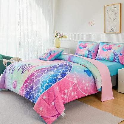 RYNGHIPY Mermaid Full Girls Bedding Set, Colorful Rainbow Kids Girls Comforter Set with Sheets Soft and Lightweight, 6 Pieces Teen Girls Bed in a Bag