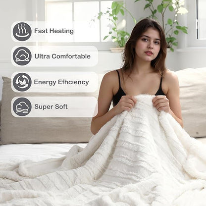 Electric Heated Blanket Throw Size 50" x 60", Super Cozy Warmth Soft with 4 Heating Levels & 10 Hours Auto Off, Plush Faux Fur, Machine Washable, Home Office Use, Striped White