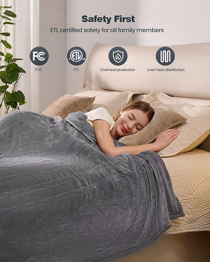 Electric Blanket King- Soft Heating Blanket, Dual Control & 9 Heat Levels, 10H Timer, Soft Flannel to Sherpa, Fast Heating Electric Throw, Machine Washable, Gift for Mom, Dad, 90"x100" Grey