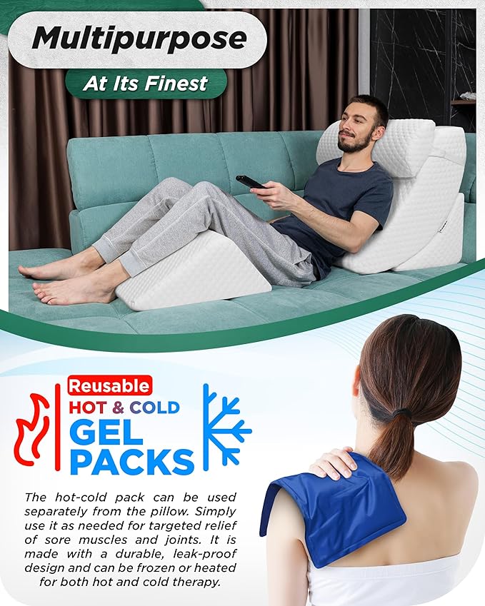 Lunix 4pcs Memory Foam Wedge Pillow Set for Back, Knee & Leg Pain Relief, Orthopedic Bed Pillow for Post Surgery, Reflux, GERD, Anti-Snoring, with Hot Cold Pack, White