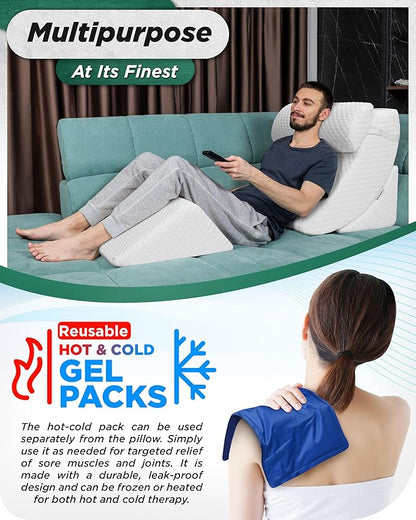 Lunix 4pcs Memory Foam Wedge Pillow Set for Back, Knee & Leg Pain Relief, Orthopedic Bed Pillow for Post Surgery, Reflux, GERD, Anti-Snoring, with Hot Cold Pack, White