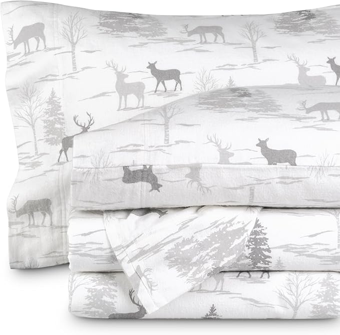 Bare Home Flannel Sheet Set Prints, 100% Cotton, Velvety Soft Heavyweight - Double Brushed Flannel for Extra Softness & Comfort - Deep Pocket - Bed Sheets (Twin, Elk)