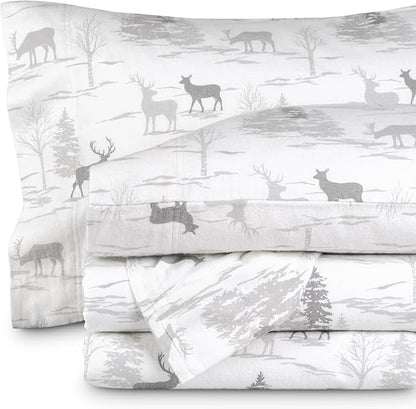 Bare Home Flannel Sheet Set Prints, 100% Cotton, Velvety Soft Heavyweight - Double Brushed Flannel for Extra Softness & Comfort - Deep Pocket - Bed Sheets (Twin XL, Elk)
