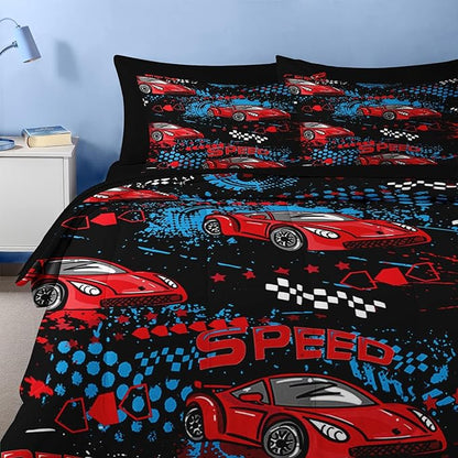 Nesker 7 Pcs Comforter Set Full Size, Red Black Sports Car Bedding for Kids Teen, Auto Race with Fitted Sheet 2 Pillowcases & 2 Shams for Bedroom Bed Decor