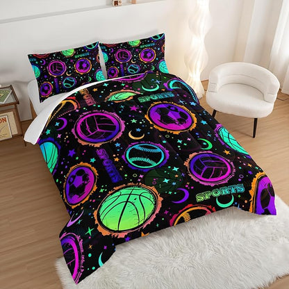 Ball Games Bedding Basketball Football Baseball King Comforter Set,Colorful Neon Stars and Moon Bedding Set for Kids Girls Boys Room Decor,Sports Aesthetic Bedding Sets with 2 Pillowcases.