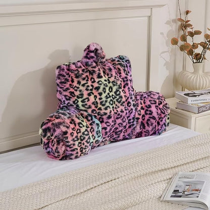 Reading Pillows for Boyfriend Adult,Velvet Back Pillow Bed Wedge Large, Back Rest Support Cushion for Sitting in Bed Kids Children 18inch-Rainbow Leopard
